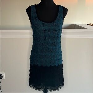 Peacock Feather Detail Ruffled Tiered Sheath Dress